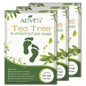 ALIVER front packaging showing three tea tree foot peel masks, clear labeling and benefits