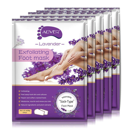ALIVER front packaging showing five lavender peel mask packs for soft feet