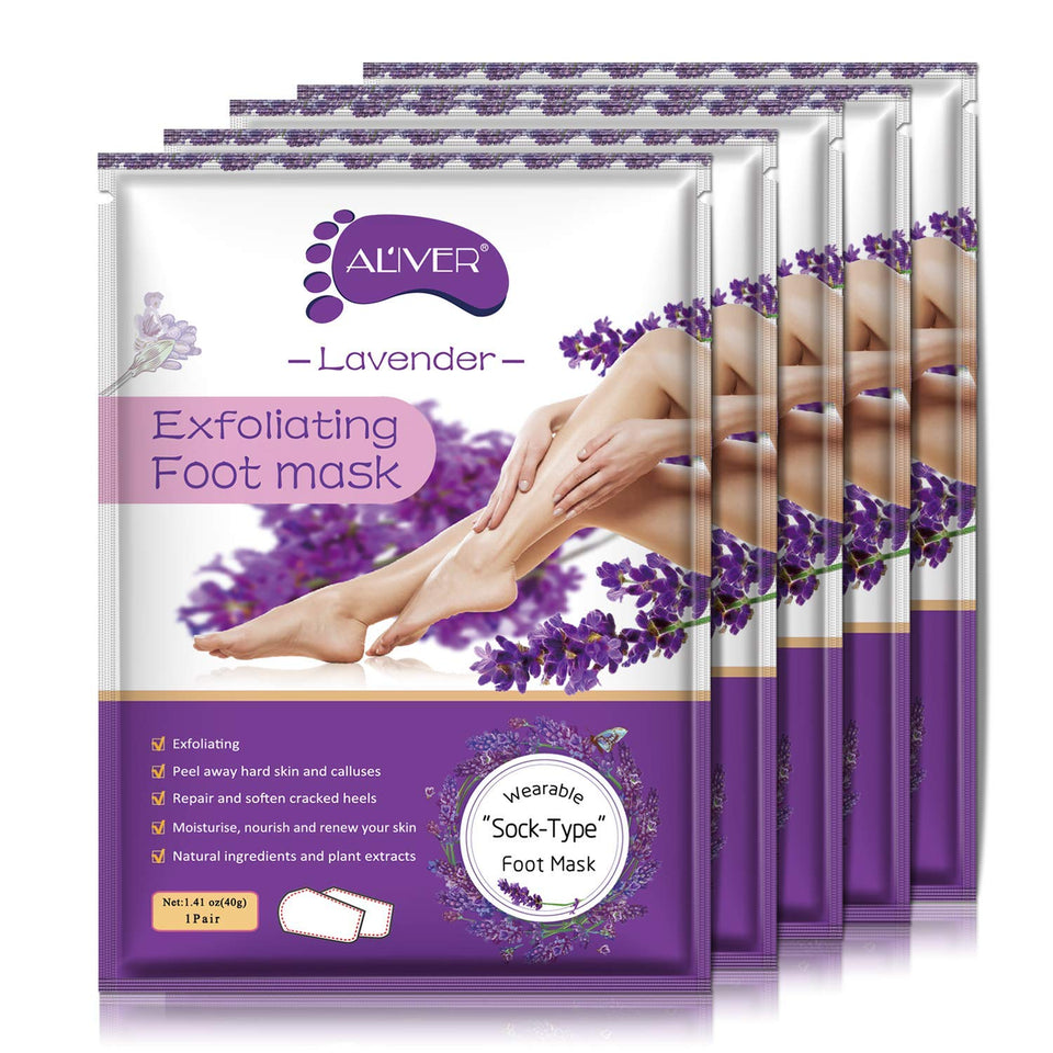 ALIVER front packaging showing five lavender peel mask packs for soft feet