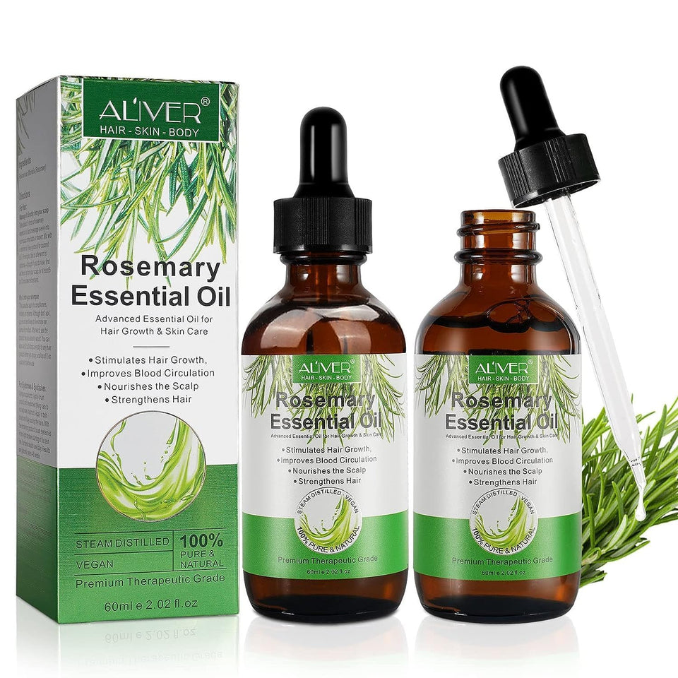 ALIVER rosemary oil front packaging showing two bottles and label benefits