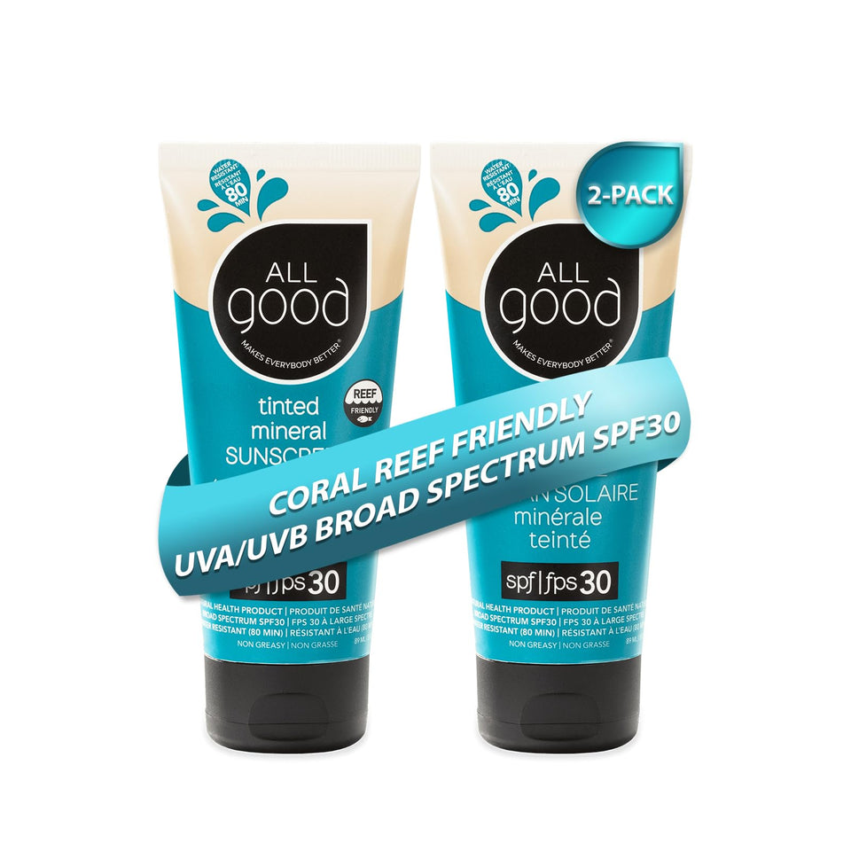 All Good pack front showing SPF 30 tinted sunscreen and benefits