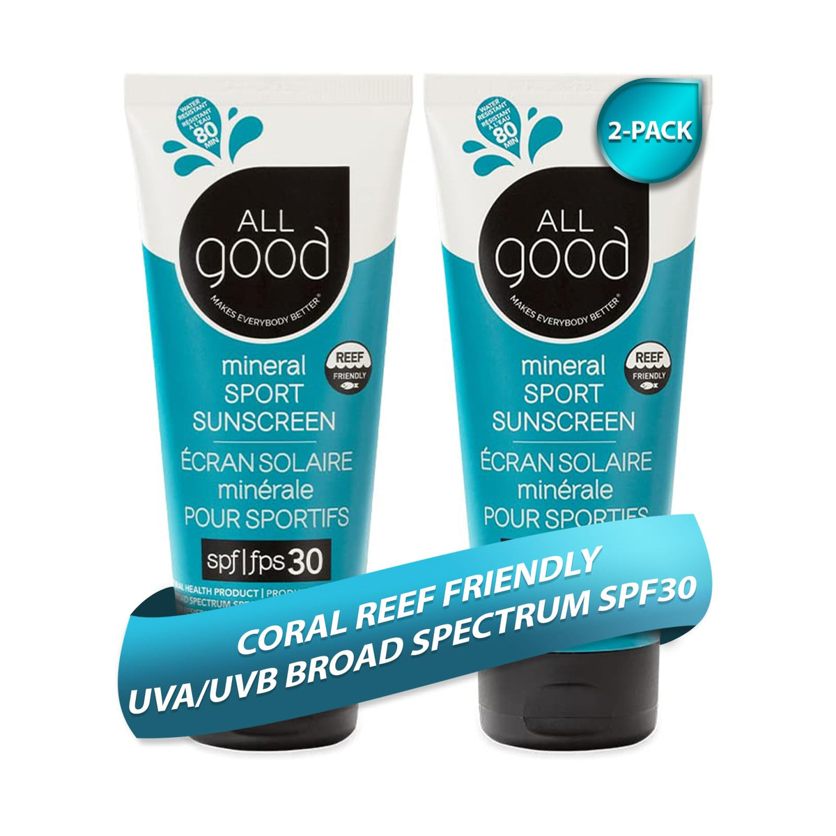 All Good front packaging showing SPF 30 and sport benefits