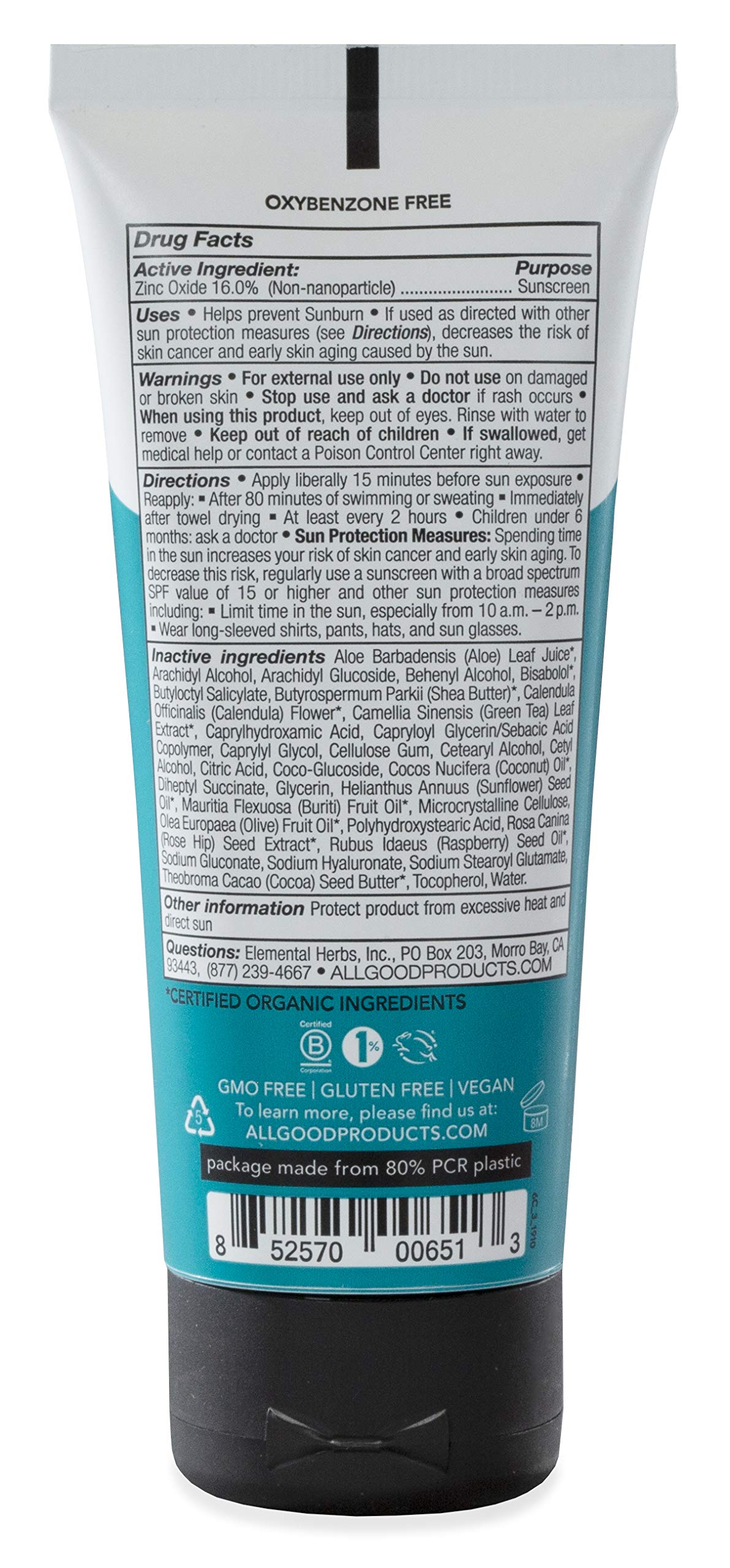 All Good ingredient label close-up highlighting reef-friendly formulation
