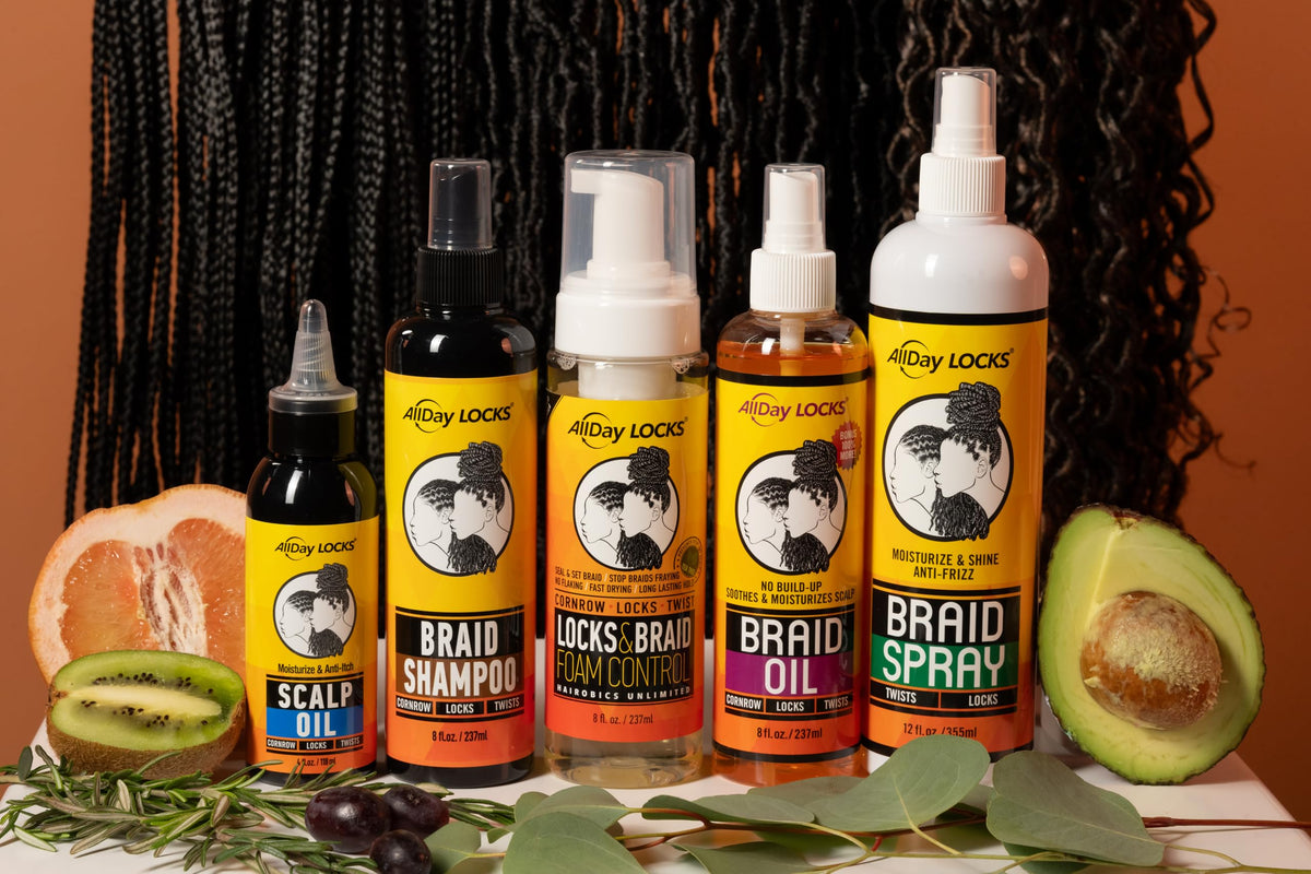 AllDay Locks used on styled braids in lifestyle scene giving long-lasting shine and neatness benefit