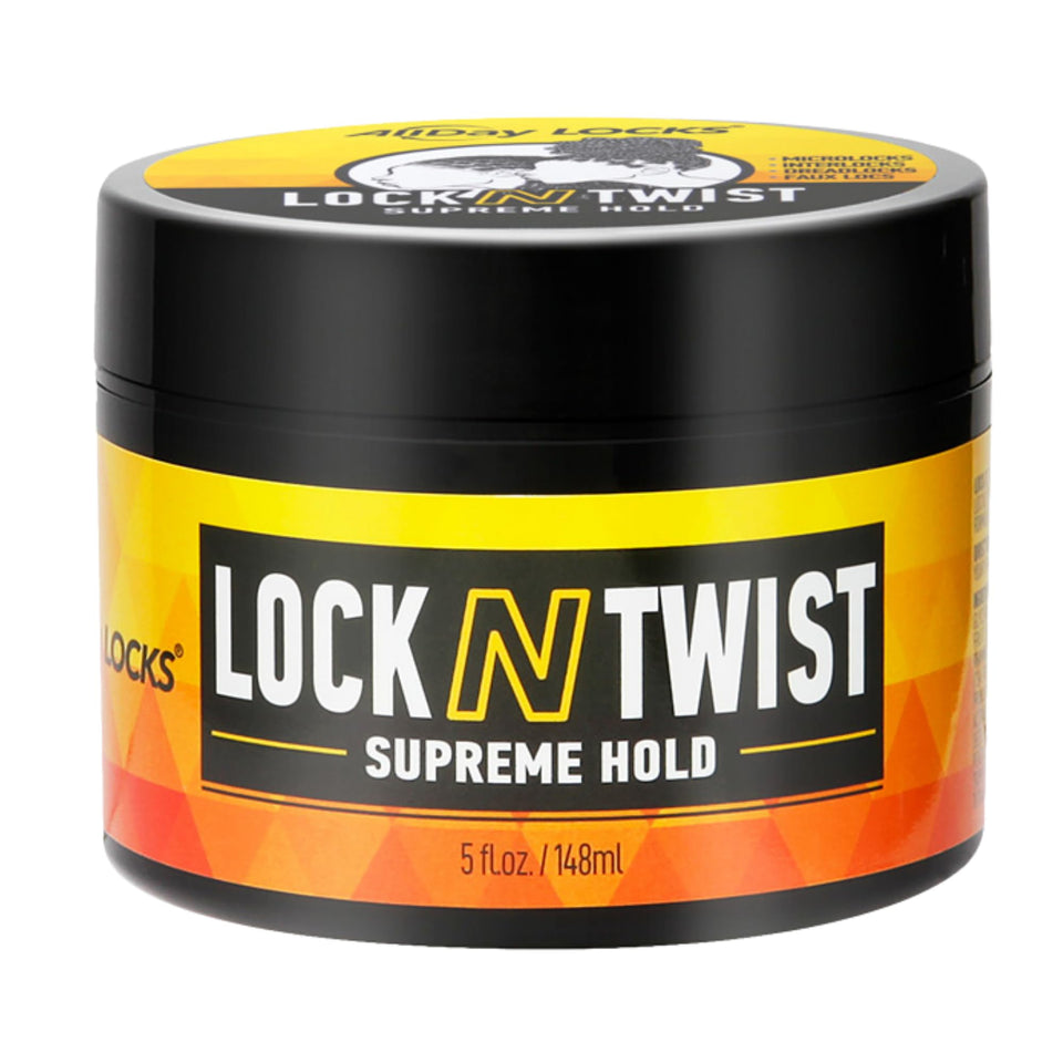 AllDay Locks front jar showing product and clear labeling for strong hold