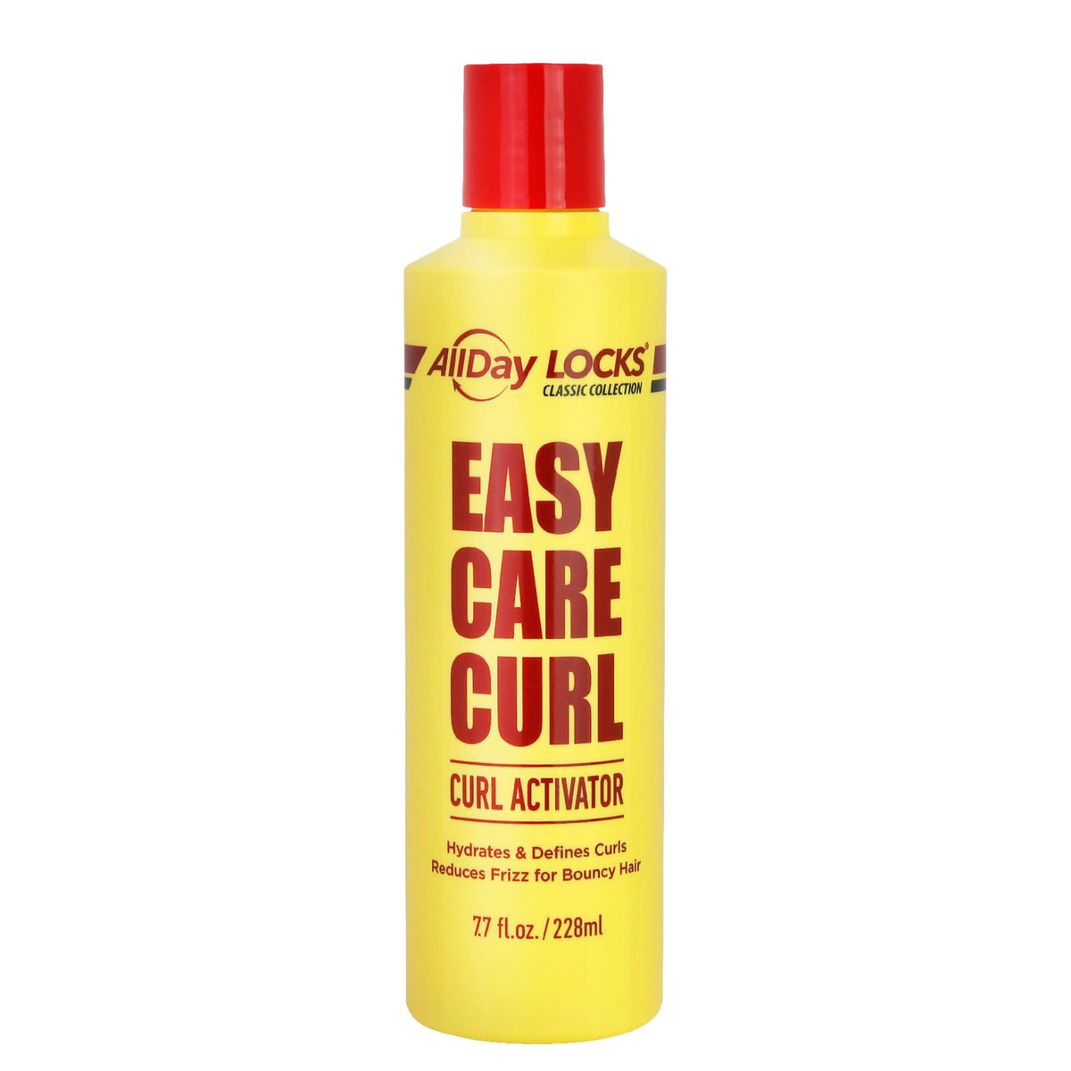 AllDay Locks front packaging 7.7 oz bottle shows product and easy-care styling benefits