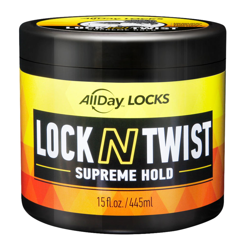 AllDay Locks front jar view showing product branding and strong hold benefits
