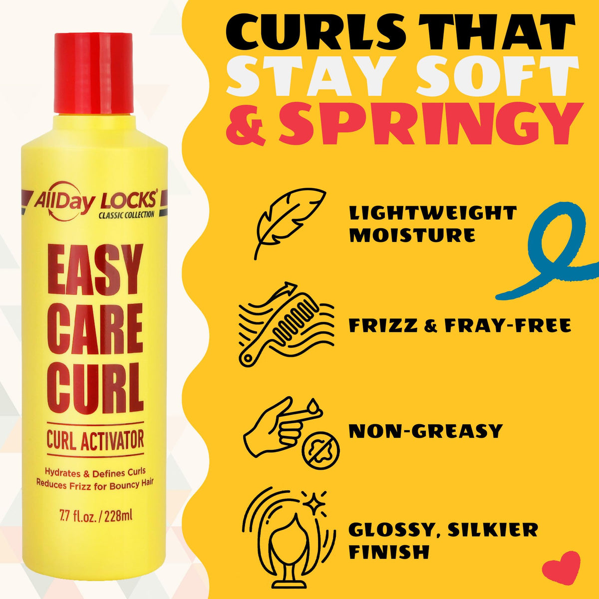 AllDay Locks bottle beside comb and diffuser suggesting easy styling routine
