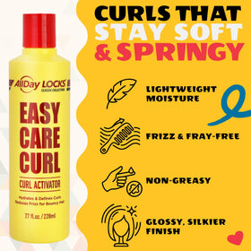 AllDay Locks bottle beside comb and diffuser suggesting easy styling routine