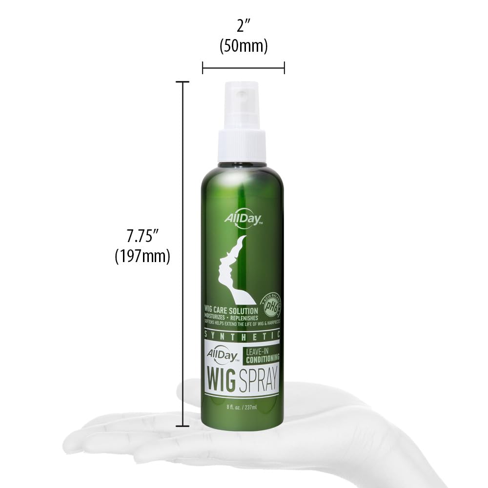 AllDay Locks mist landing on synthetic wig fibers showing instant refresh and smooth conditioning