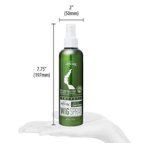 AllDay Locks mist landing on synthetic wig fibers showing instant refresh and smooth conditioning