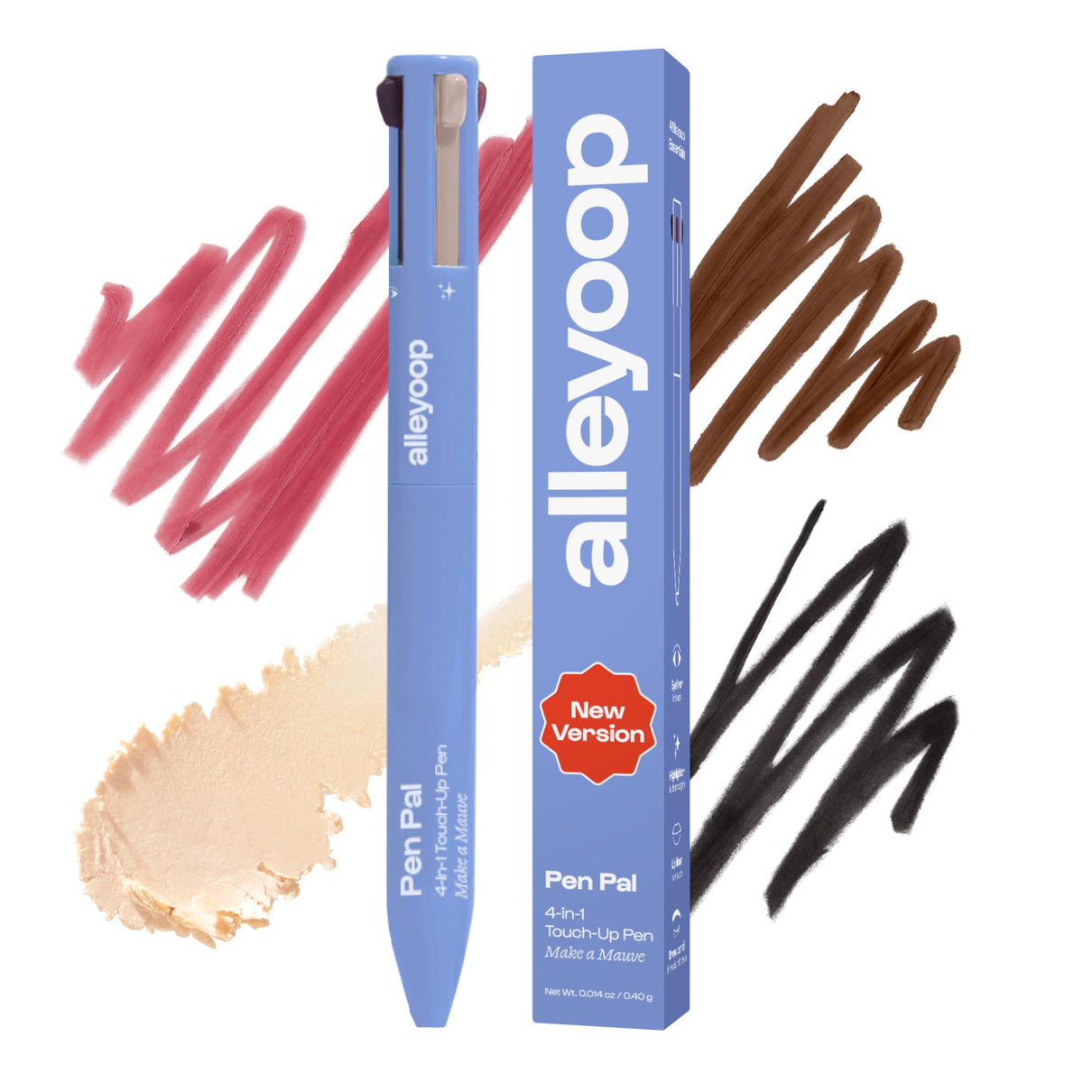ALLEYOOP front packaging showing the 4-in-1 pen and shade label, travel-ready convenience