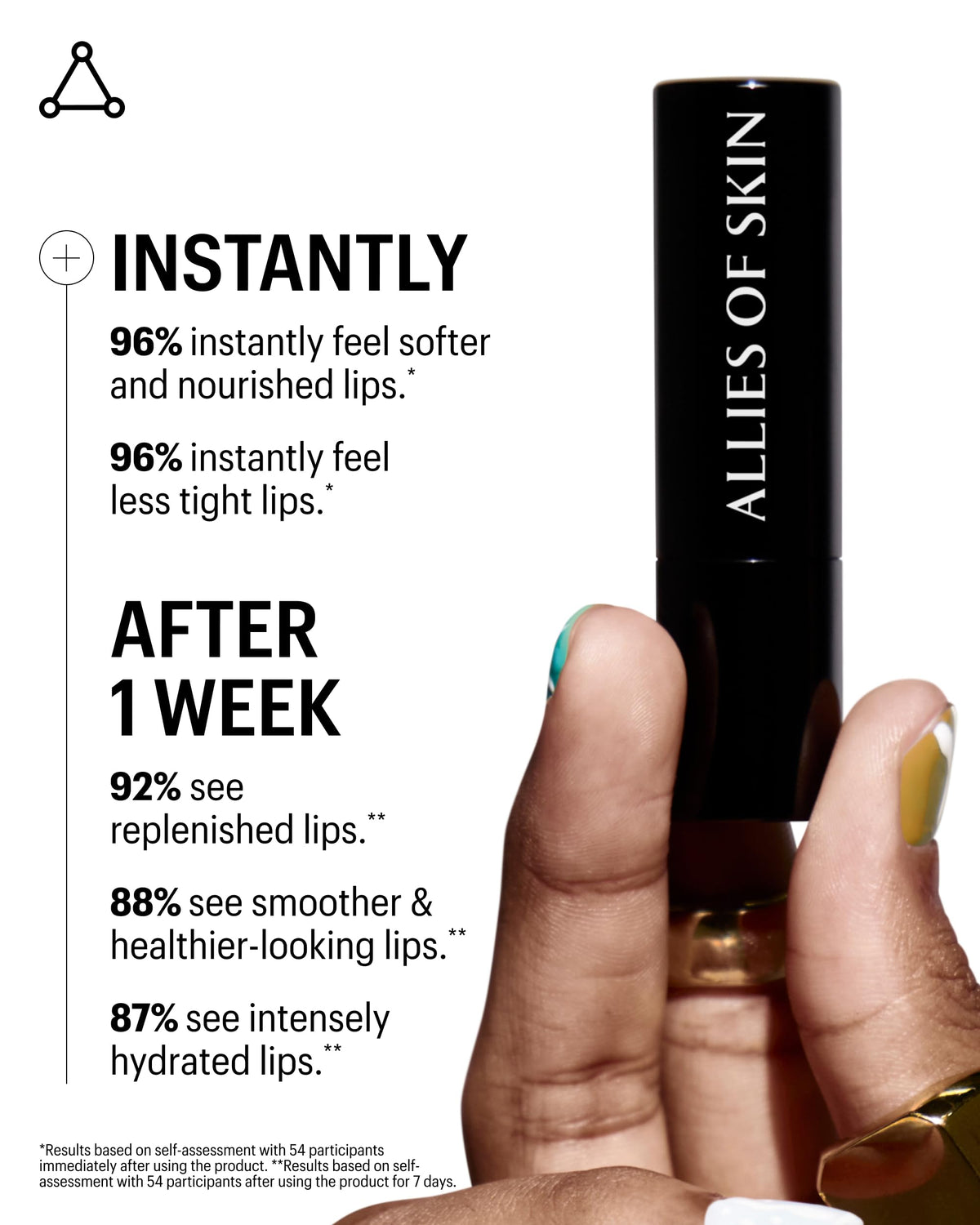 Allies of Skin being applied to lips demonstrating immediate hydration and shine