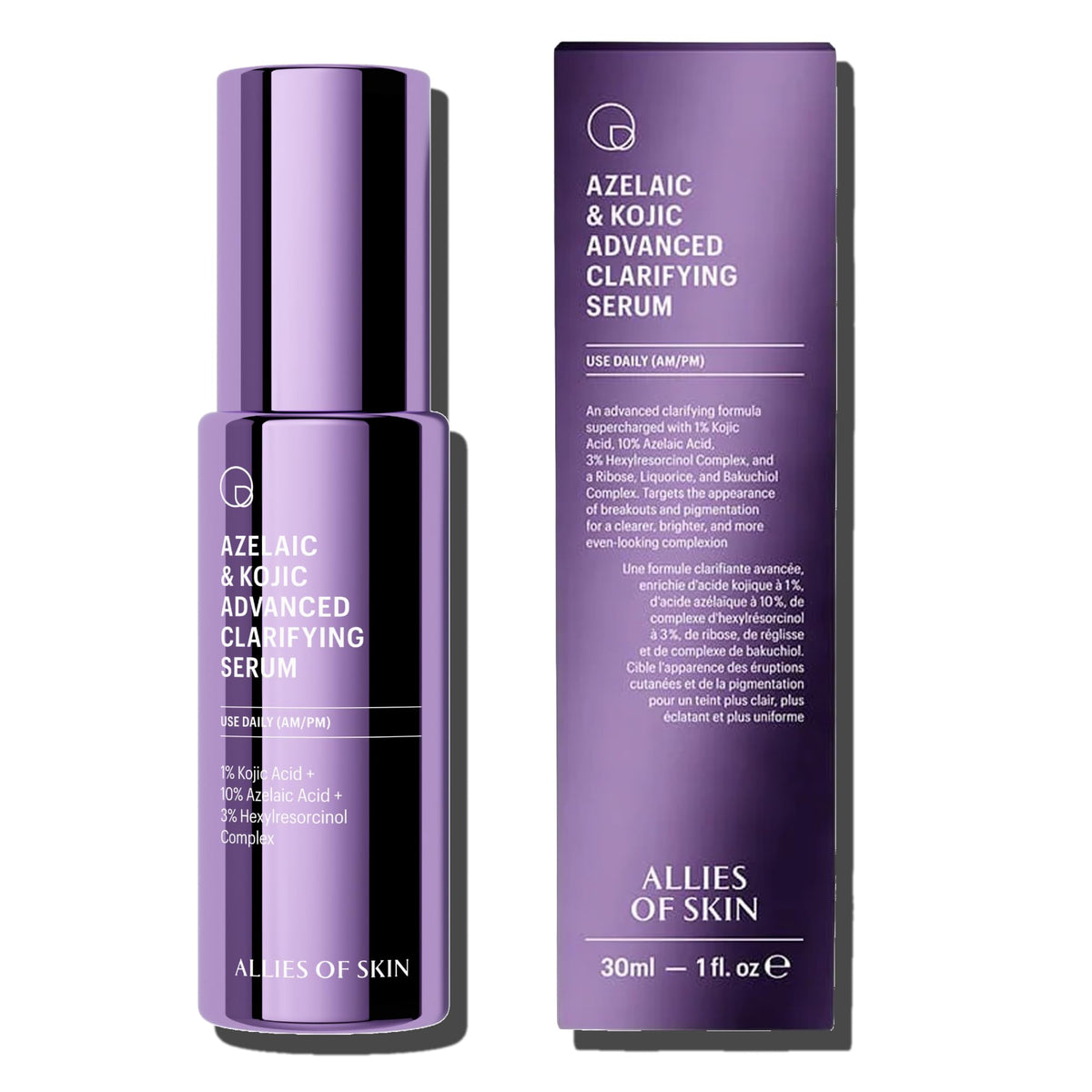 Allies of Skin front bottle showing serum packaging and brand benefit