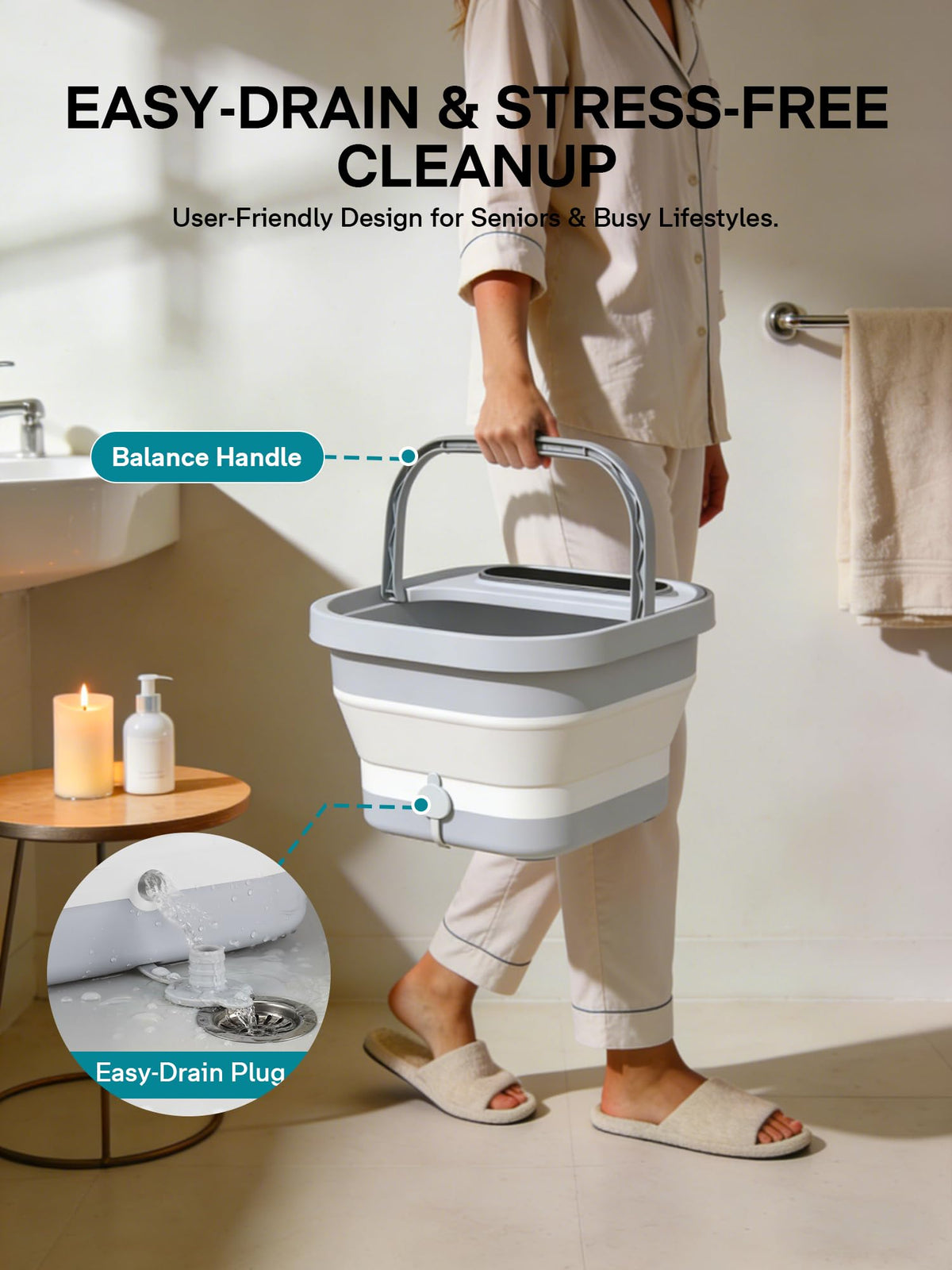 ALLJOY drain spout and handle showing easy emptying and safe transport convenience