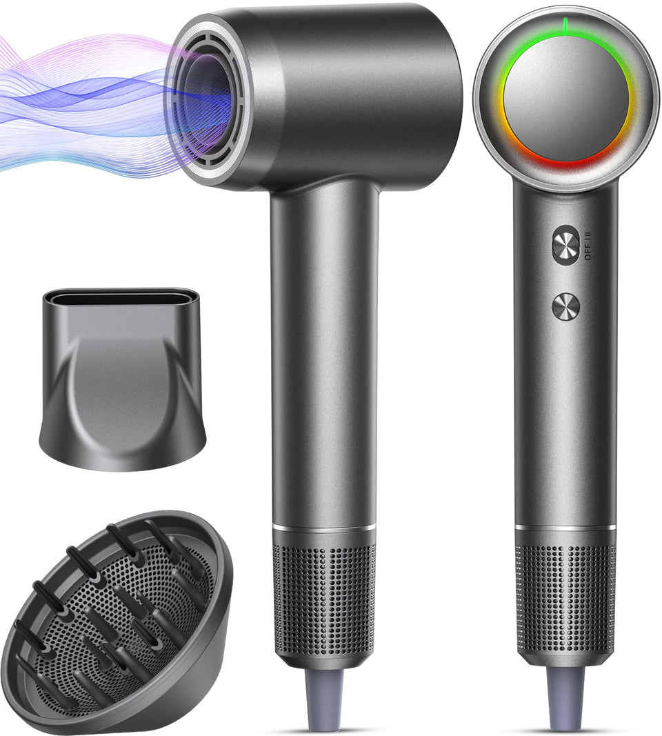 Alloom front view gunmetal hairdryer showing sleek design and fast drying benefit