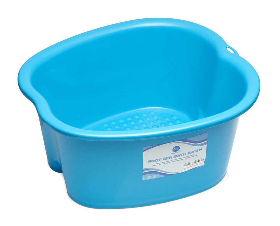 AllSett Health front view of large blue foot soaking basin showing stable design and capacity