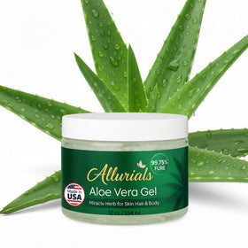 Allurials front packaging showing clean aloe gel and benefits