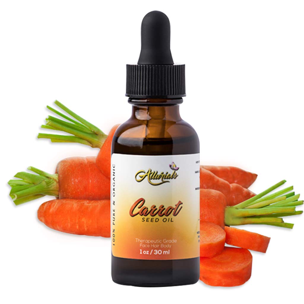 Allurials bottle front view showing pure carrot seed oil and natural hydration benefits