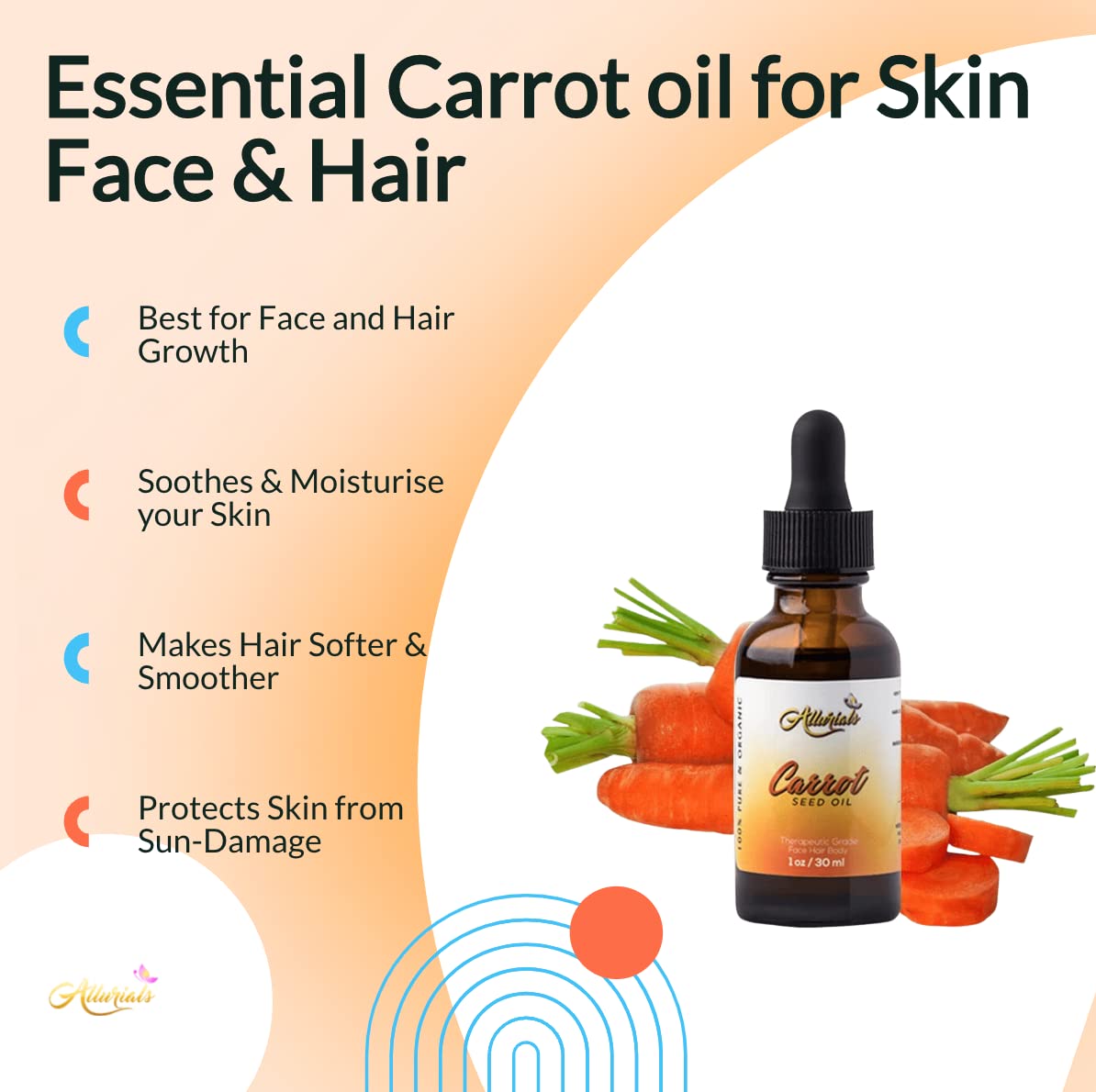 Allurials label close-up highlighting organic, unrefined, cold-pressed carrot seed oil