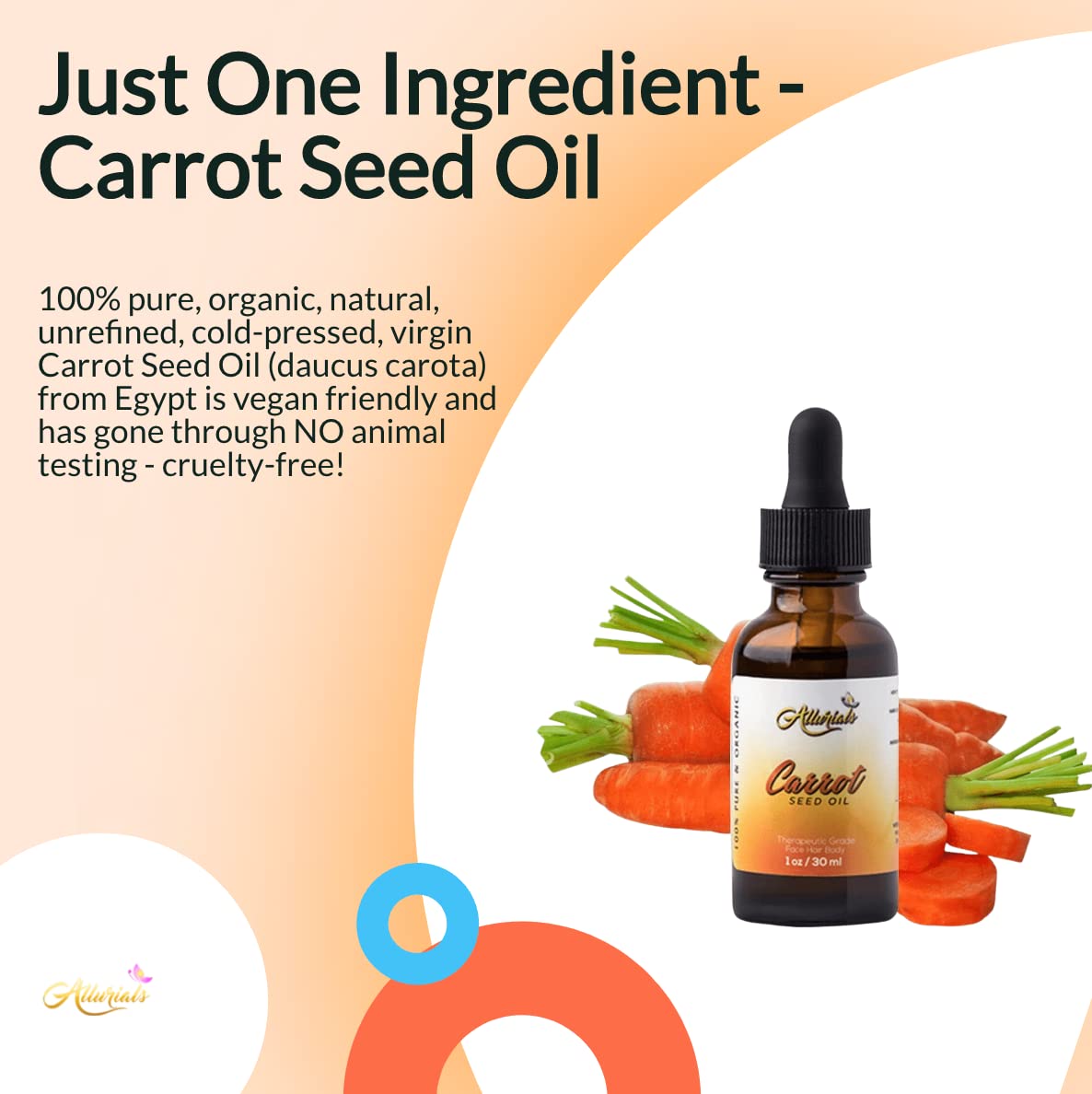 Close-up drop of Allurials carrot seed oil showing smooth texture for skin softness