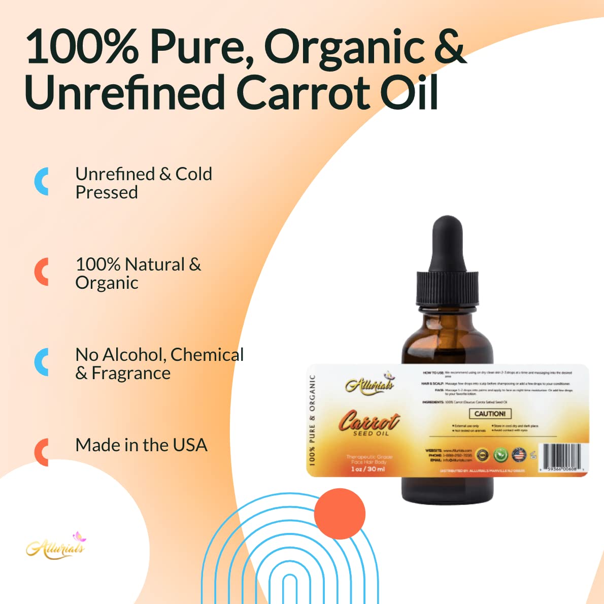 Allurials bottle staged with fresh carrots indicating botanical origin and nourishment