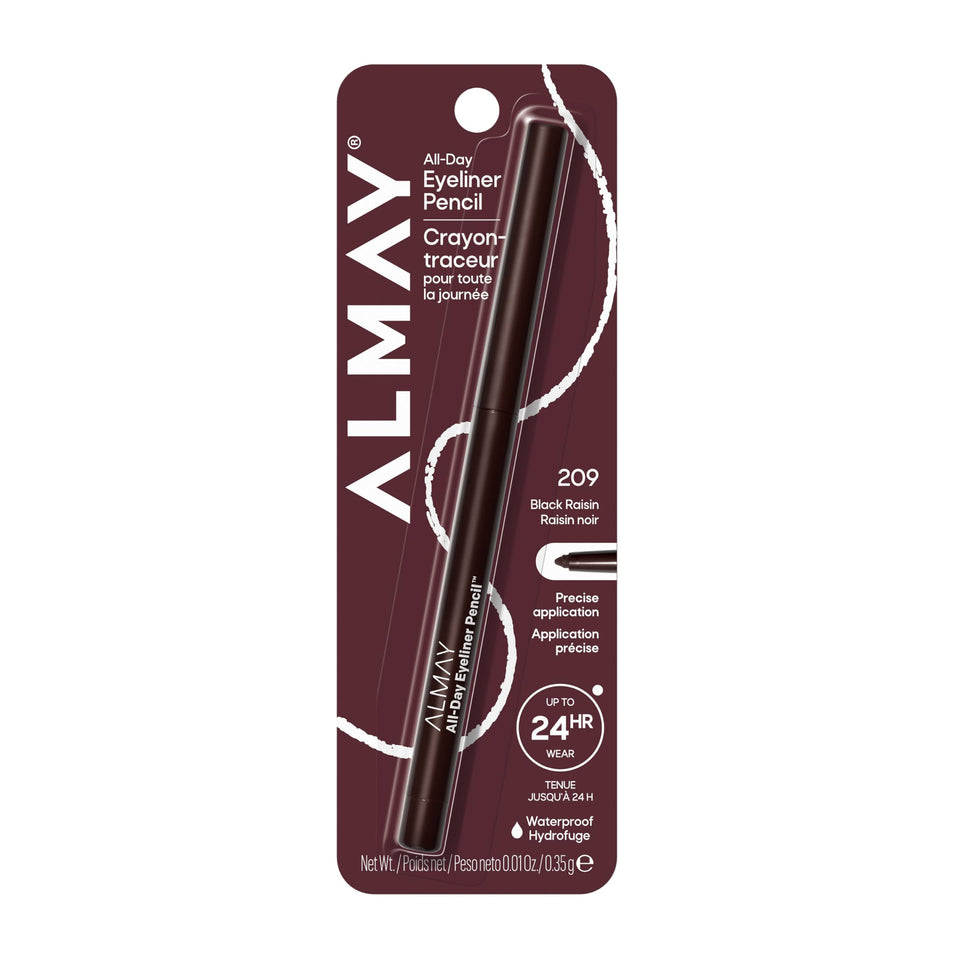 Almay All-Day Eyeliner front view showing sleek pencil and label benefit: lasting definition
