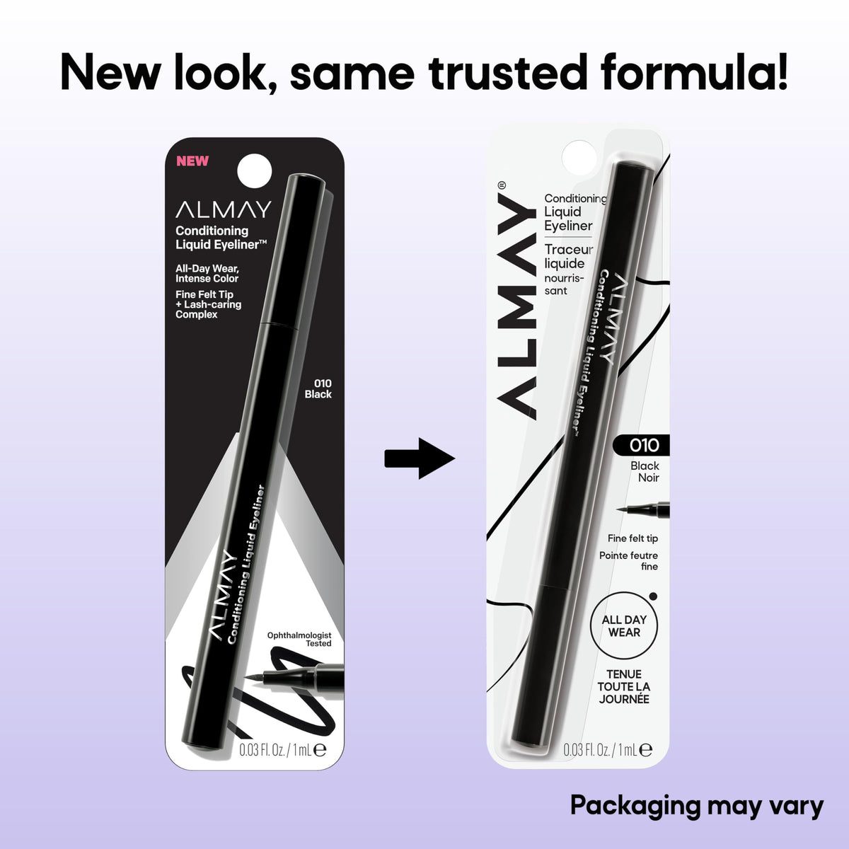 Almay back label showing ingredient callouts and clean-beauty benefit