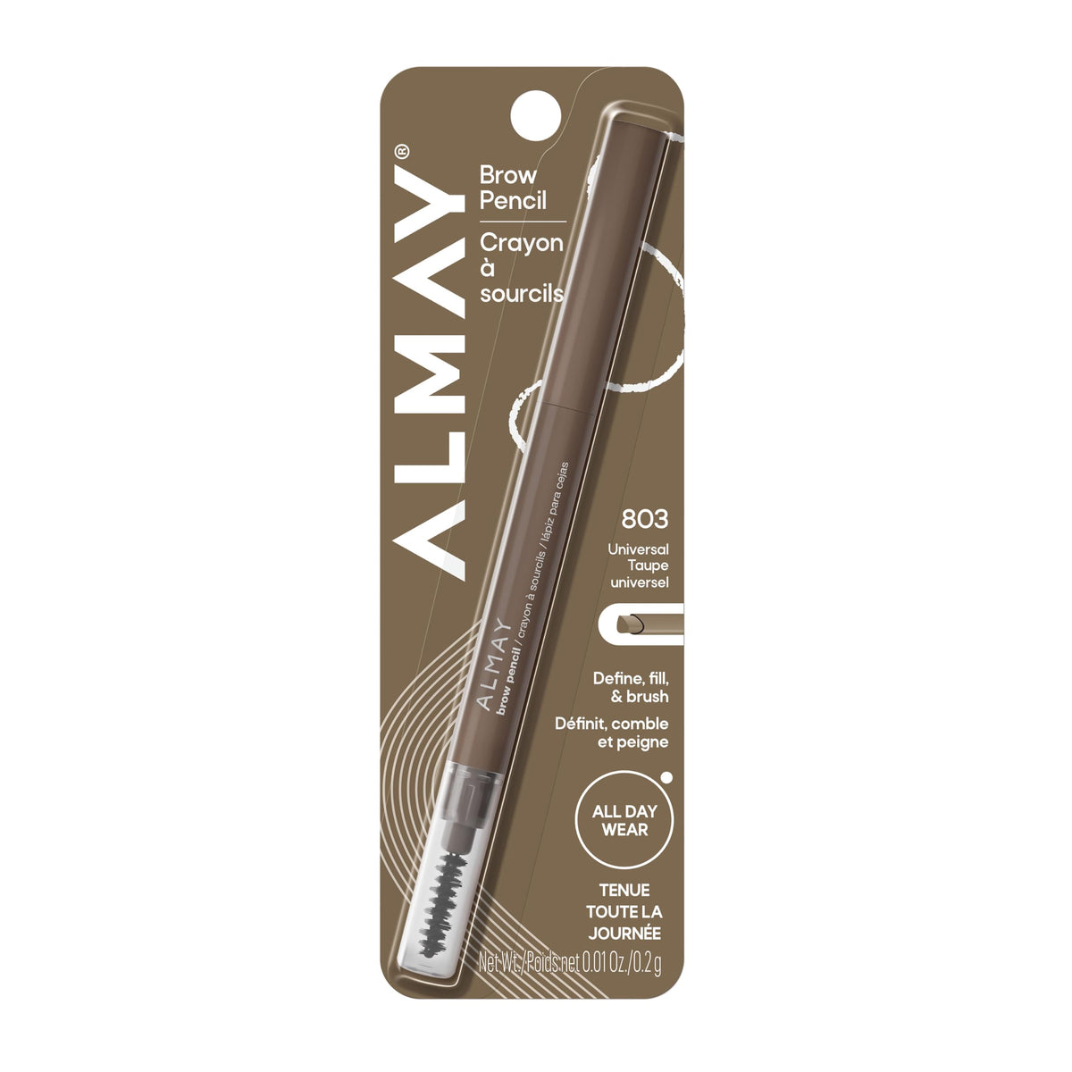 Almay brow pencil front packaging showing product and shade for easy selection