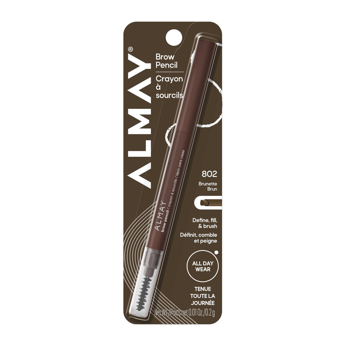 Almay brow pencil front view showing slim triple-tool design and easy grip