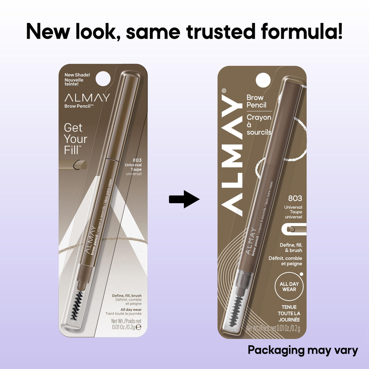 Almay brow pencil swatch on forearm displaying 803 Universal Taupe payoff