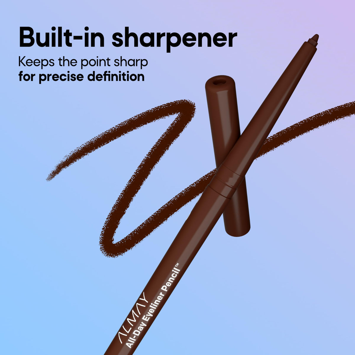 Almay built-in sharpener detail highlighting convenience and travel-ready benefit