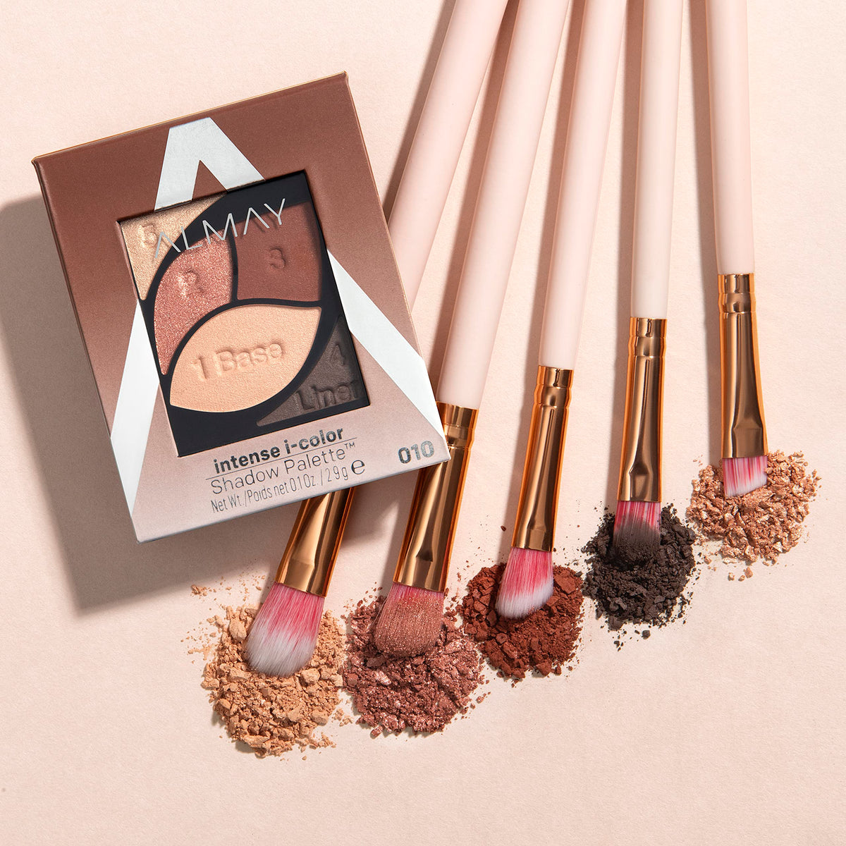 Almay compact labeled pans illustrating numbered steps for simple eye makeup routines