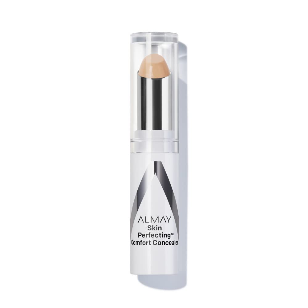 Almay concealer stick front view showing shade 140 Light/Medium and compact design benefit