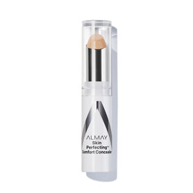 Almay concealer stick front view showing shade 140 Light/Medium and compact design benefit