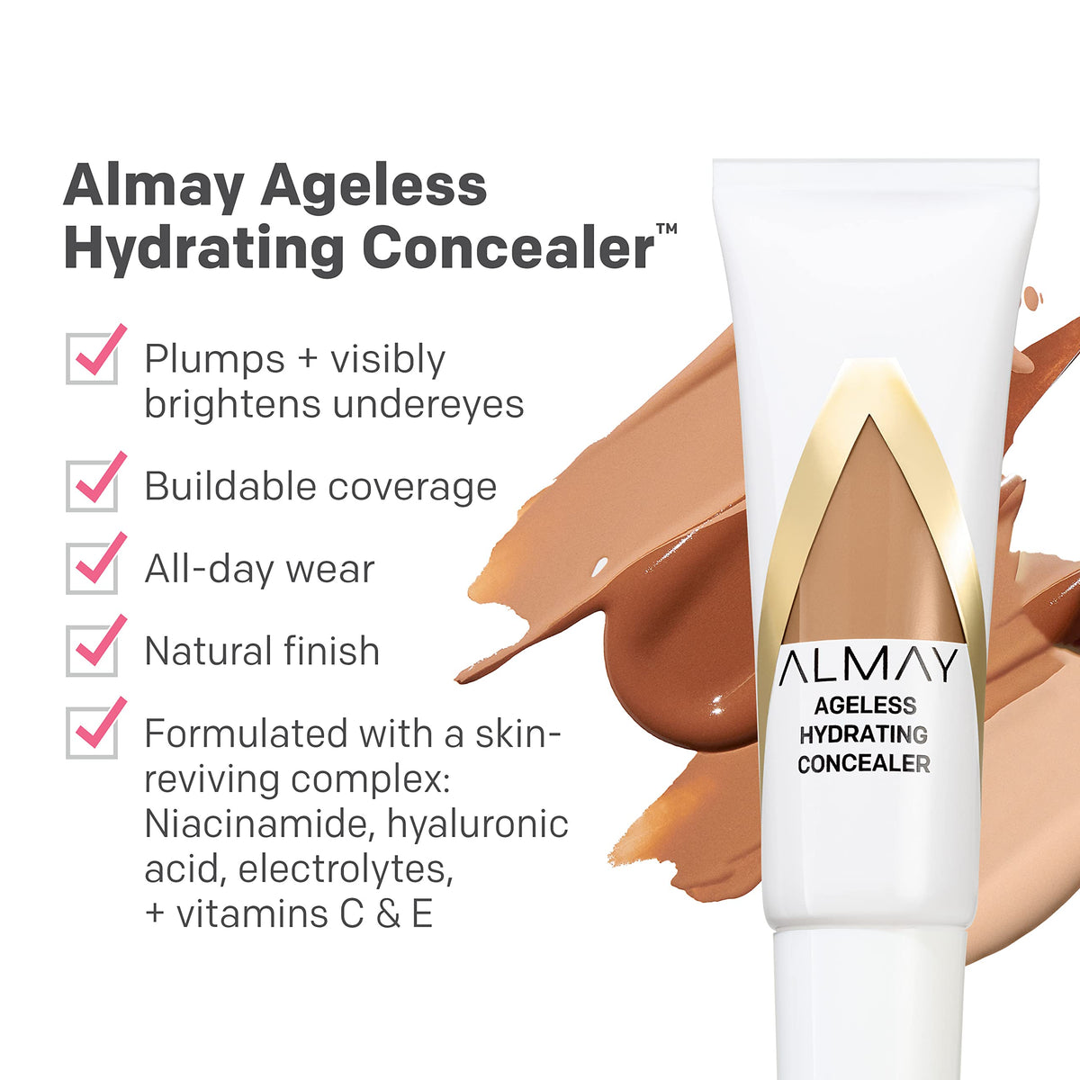 Almay concealer swatch on arm showing blendable coverage and finish