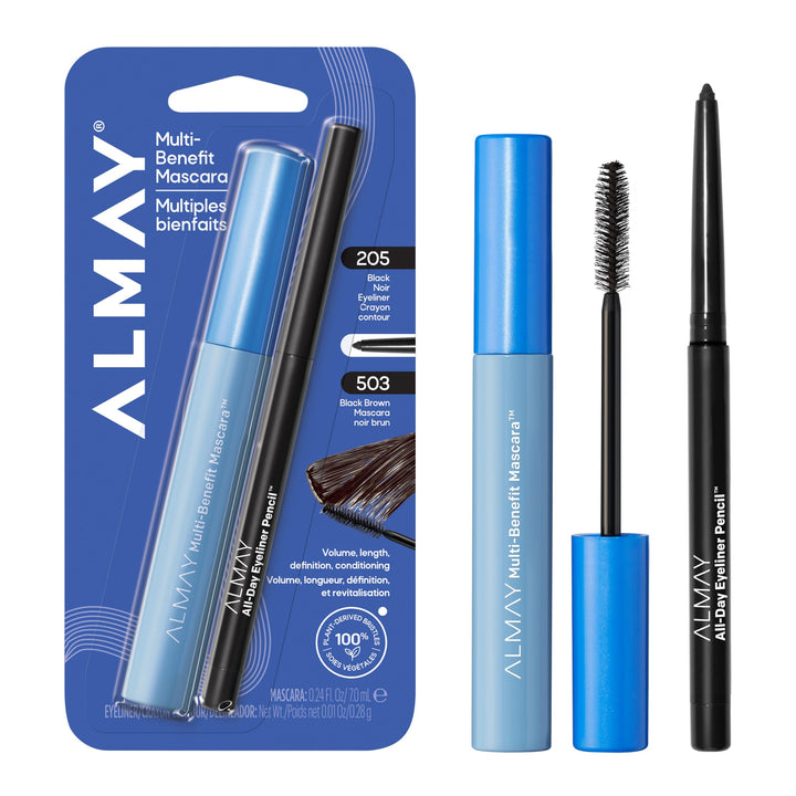 Almay duo front packaging showing mascara and eyeliner, convenient travel-ready set