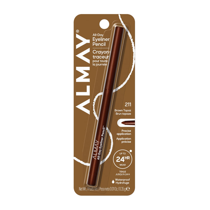 Almay eyeliner pencil front packaging showing brown topaz shade and benefits