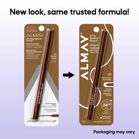 Almay eyeliner pencil next to coin showing size and portability benefit