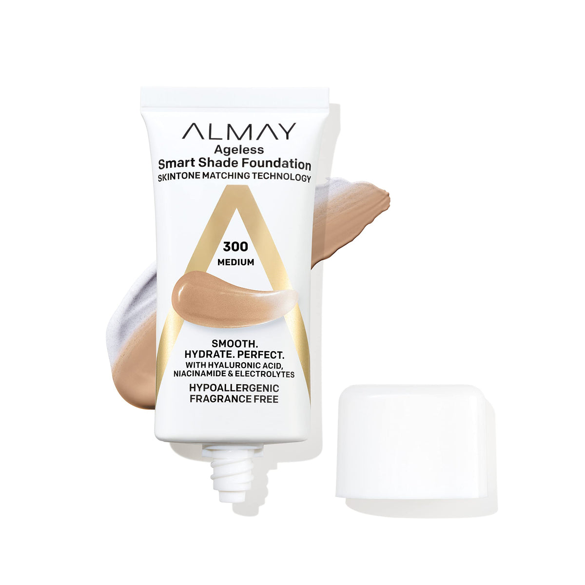 Almay front packaging showing shade 300 Medium and natural finish benefit