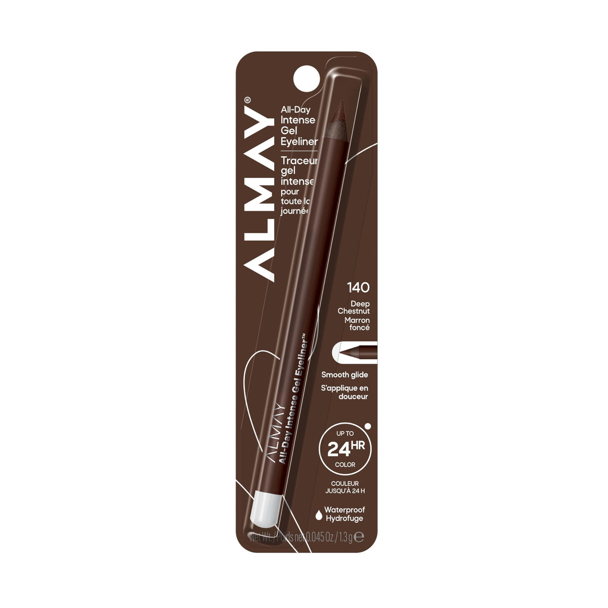 Almay front packaging showing Deep Chestnut shade and durable longwear benefit