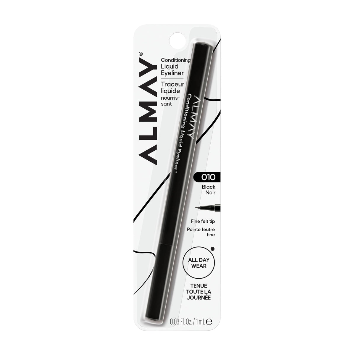 Almay front packaging showing precision felt-tip and black shade benefit