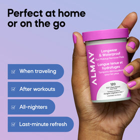 Almay hand holding pad size comparison showing compact, travel-ready convenience
