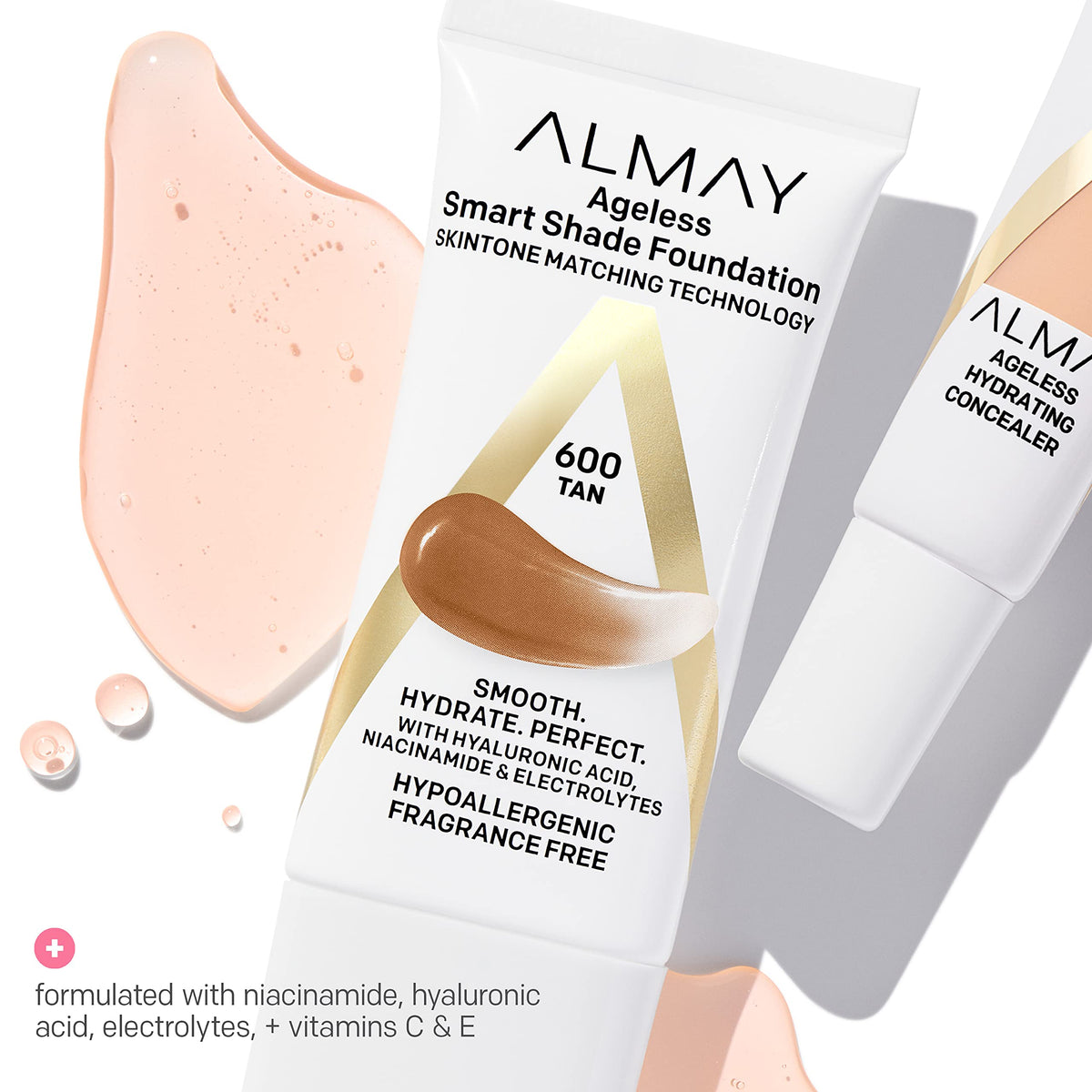 Almay ingredient display with hyaluronic and niacinamide emphasizing skin-care benefit