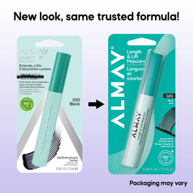 Almay product label close-up highlighting ingredients like plant-based waxes
