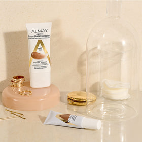 Almay foundation beside makeup bag showing everyday wearable, natural-look benefit