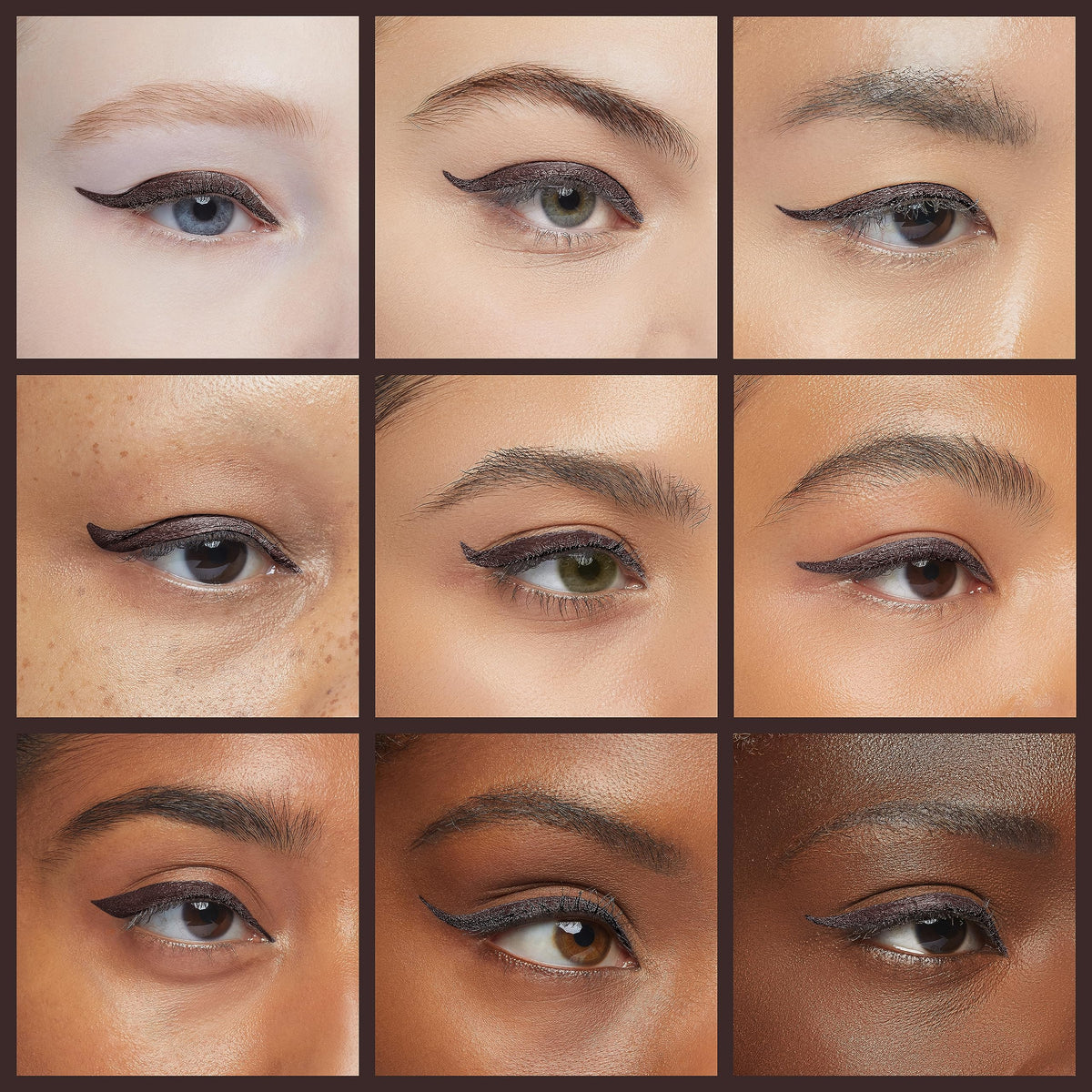 Almay brown liner swatches on skin showing rich color payoff for reference