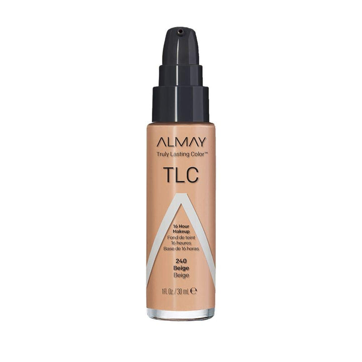 Almay bottle front view showing 240 Beige and natural finish benefit