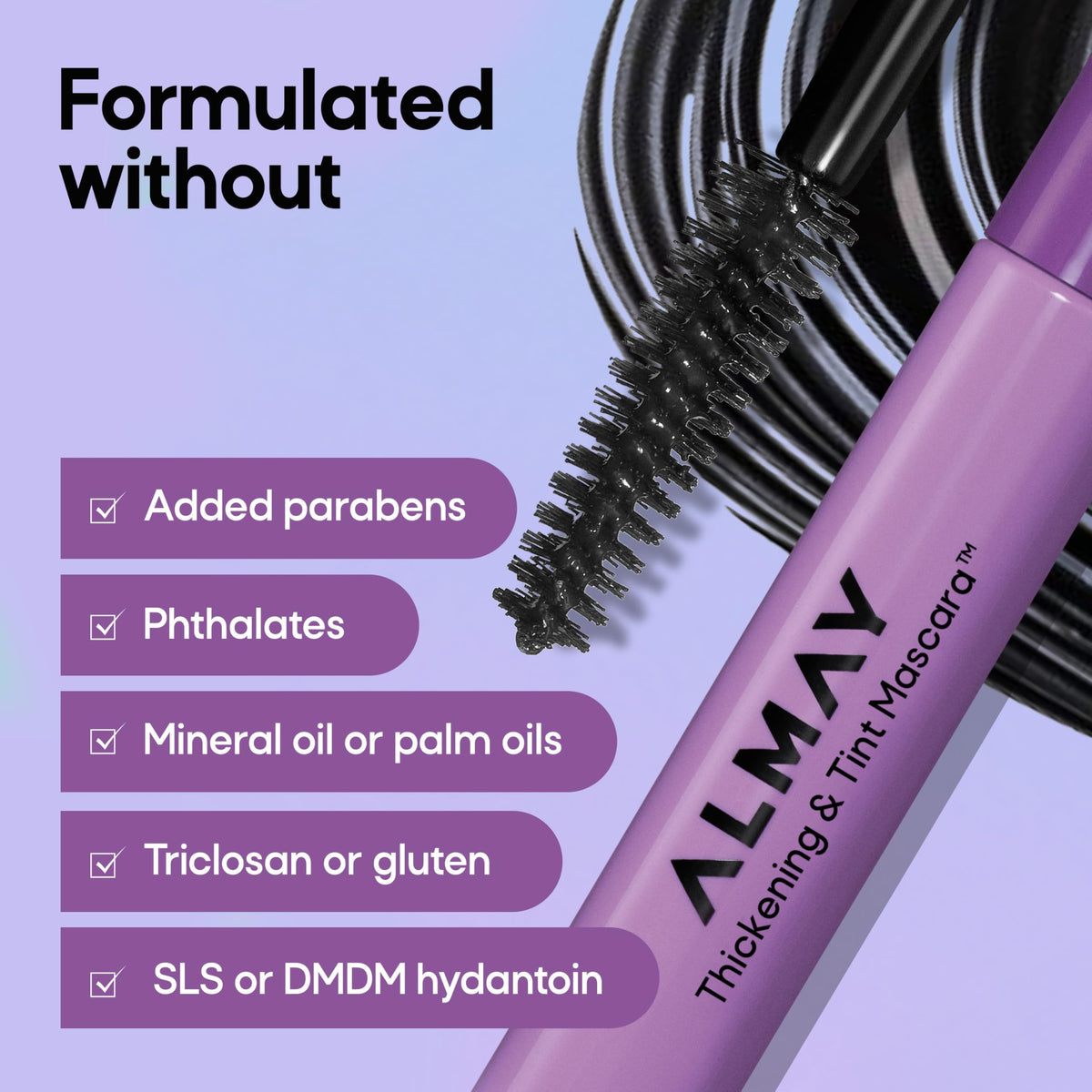 Almay before-and-after lash comparison showing thicker, tinted lashes