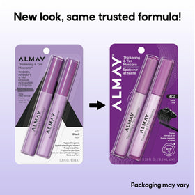 Almay before and after lashes illustrating thicker, fuller lash effect